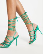 Simmi London Wide Fit Una tie ankle satin sandals in bright green