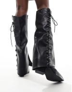 foldover western heeled knee boots with lace up bow in black