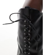 foldover western heeled knee boots with lace up bow in black