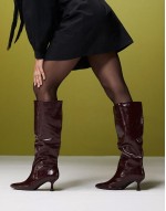 Wide Fit Crimson pull-on kitten heeled knee boots in burgundy