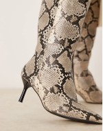 PU heel knee boot in snake print