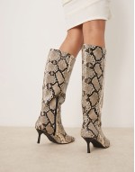 PU heel knee boot in snake print
