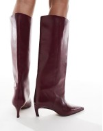 Cleona premium leather kitten heel knee boots in burgundy leather