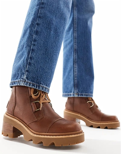 Joan Now heeled lace up leather boots in velvet tan and black