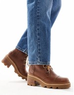 Joan Now heeled lace up leather boots in velvet tan and black