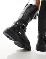 Jade leather harness biker boots in black