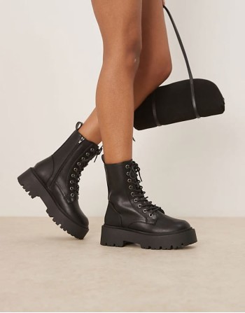 Wide Fit Adventure chunky lace up boots in black