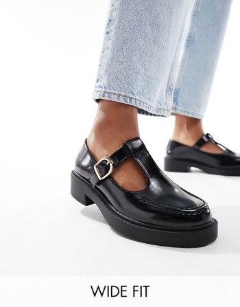 Wide Fit Margo mary jane flat shoes in black