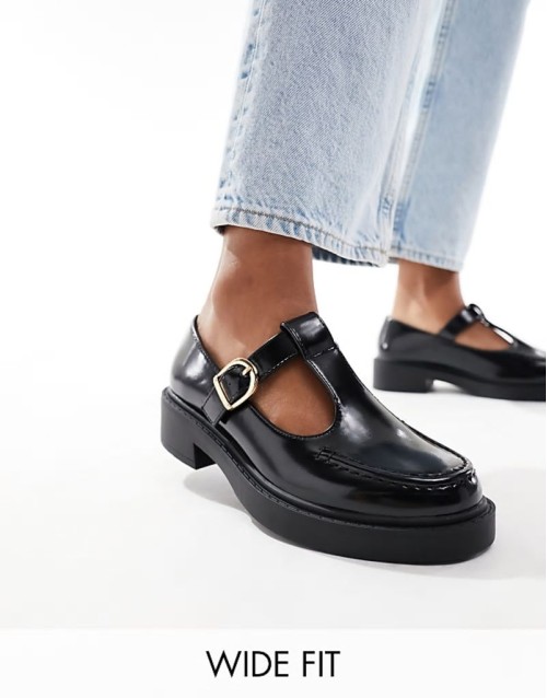 Wide Fit Margo mary jane flat shoes in black